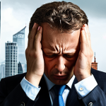 ** A chart depicting currency exchange rates fluctuating wildly. A businessman is looking stressed, holding his head. The background shows skyscrapers with logos of international companies blurred. The overall feel is anxiety and uncertainty in global finance.

**