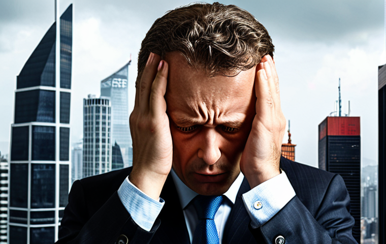 ** A chart depicting currency exchange rates fluctuating wildly. A businessman is looking stressed, holding his head. The background shows skyscrapers with logos of international companies blurred. The overall feel is anxiety and uncertainty in global finance.

**