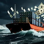 A small, modern Polish business building or a cargo ship (representing import/export) adrift on a turbulent, dark sea. The waves are made of chaotic, volatile financial charts and graphs, with swirling currency symbols (PLN, EUR, USD) clearly visible, representing extreme currency fluctuations. The sky above is stormy, reflecting financial uncertainty. The overall mood is precarious and challenging, emphasizing the 'headache' of currency risk. Dramatic lighting, high detail, cinematic.