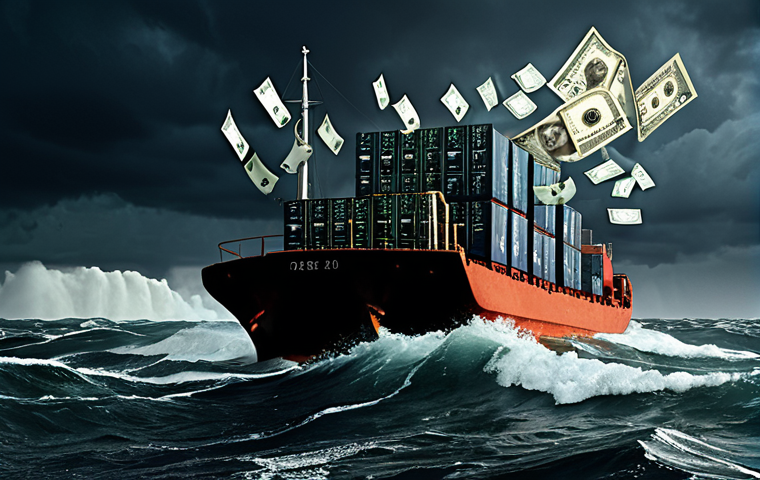 A small, modern Polish business building or a cargo ship (representing import/export) adrift on a turbulent, dark sea. The waves are made of chaotic, volatile financial charts and graphs, with swirling currency symbols (PLN, EUR, USD) clearly visible, representing extreme currency fluctuations. The sky above is stormy, reflecting financial uncertainty. The overall mood is precarious and challenging, emphasizing the 'headache' of currency risk. Dramatic lighting, high detail, cinematic.